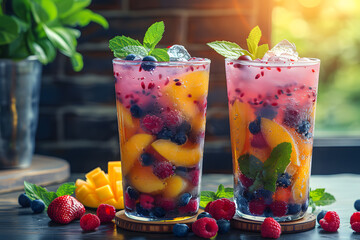 Fresh summer drinks cocktails with berries, fruits, ice and frost on glasses. Vacation open beach bar concept
