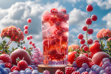 Fresh summer drinks cocktails with berries, fruits, ice and frost on glasses. Vacation open beach...