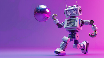 Retro-style robot dancing with a disco ball under vibrant purple lighting, creating a fun, futuristic party atmosphere.