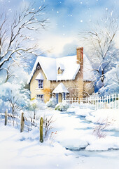 Merry Christmas and Happy Holidays, watercolour printable art print, English countryside cottage as snow winter holiday Christmas card, thank you and diy greeting card design, country style idea