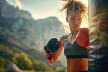 Beautiful strong and muscular female boxer muay thai fighter practices punches on boxing bag, showcasing her formidable physical prowess and dedication to martial arts training. - Powered by Adobe