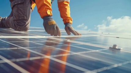 A man in orange is working on a solar panel