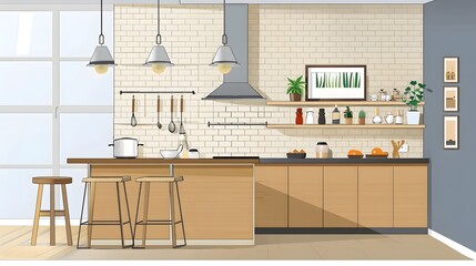 Interior of minimal modern decor style kitchen with shelves, counter bar and cook zone, Home dinning room with contemporary design.