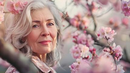 graceful aging vertical closeup portrait of senior woman with silver hair and pink blossoms spring - Powered by Adobe