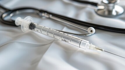 Close up view of white plastic syringe, stethoscope on white back