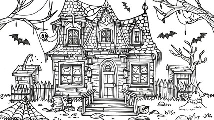 Scary Halloween coloring page with pumpkins, ghosts, bats and witches. Perfect for children and adults to enjoy.