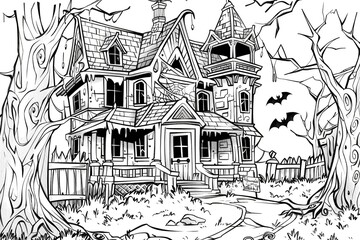 Obraz premium Scary Halloween coloring page with pumpkins, ghosts, bats and witches. Perfect for children and adults to enjoy.