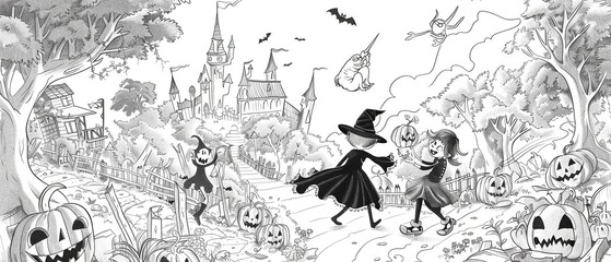 Fototapeta premium Scary Halloween coloring page with pumpkins, ghosts, bats and witches. Perfect for children and adults to enjoy.
