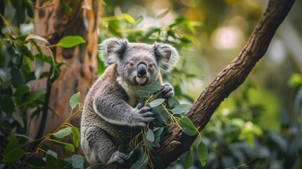 Fototapeta premium koala bear sitting on tree branch eating leaves australian wildlife 4k wallpaper