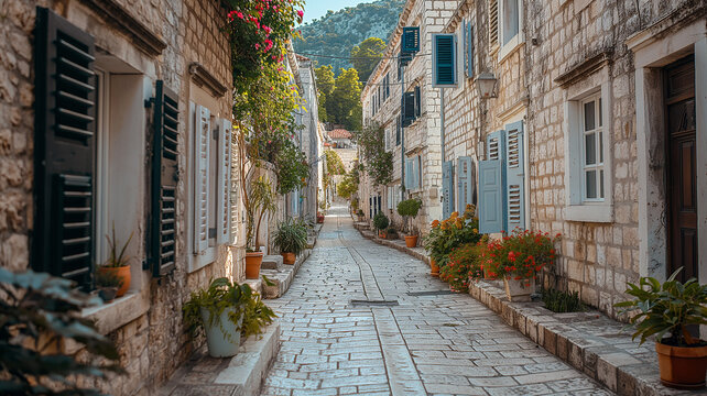 Narrow street lined with stone buildings and shutters, in the daytime