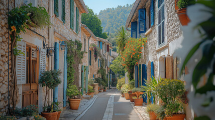 Fototapeta premium Narrow street lined with stone buildings and shutters, in the daytime 