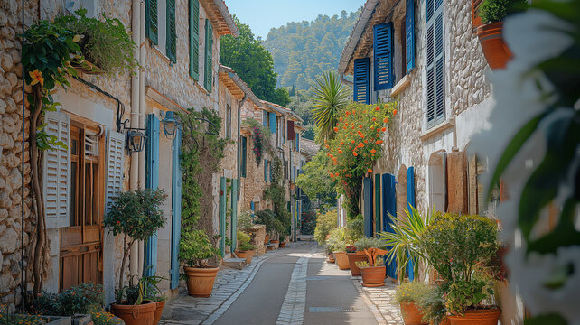 Narrow street lined with stone buildings and shutters, in the daytime 