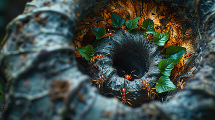 macro photography of ants carryin  tiny leaves on an spiral cave, hard workers