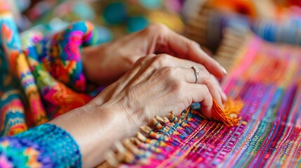 skilled artisan hands weaving intricate traditional textile patterns colorful cultural craftsmanship closeup photography