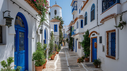 Fototapeta premium Street with white buildings and blue doors and windows on island country, vibrant airy scenes 