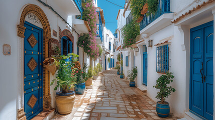 Street with white buildings and blue doors and windows on island country, vibrant airy scenes 