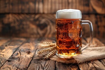 Happy Beer Day Poster stock images. Full glass of beer on the table images. Fresh lager on a wooden background. Important day , copy space - generative ai