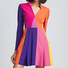 Stylish Woman Showcasing a Vibrantly Colored V-neck Dress in a Comfortable, Confident Pose