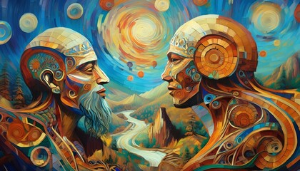 Surreal mechanical heads of two men in a colorful landscape.