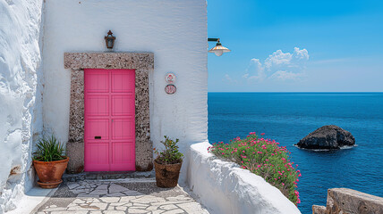 Obraz premium White house on the coast with pink door, beautiful spring scenery