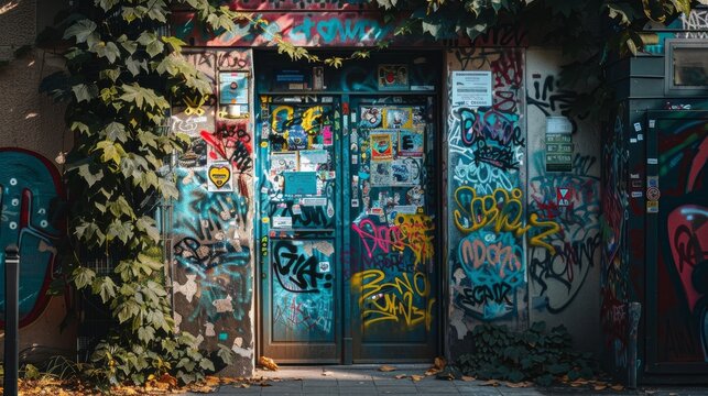 Fototapeta A door with graffiti on it and a sign on the wall