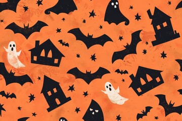 Eerie halloween scene  pumpkins, bats, ghosts, and haunted houses on vibrant orange background