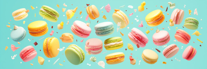 Colorful macarons are a sweet cake that is perfect for dessert. A variety of delicious macarons floating in the air to whet your appetite. - obrazy, fototapety, plakaty