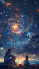 Obraz premium mother and child huddled together under a cozy blanket, sharing stories and laughter as they gaze up at the twinkling night sky. Camping in summer travel