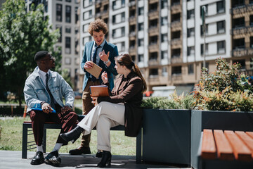Three young professionals engaging in a business discussion outdoors with urban buildings in the...