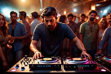 DJ mixing music equipment at a nightclub disco party clubbing