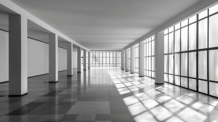 A large, empty room with white walls and a lot of windows - obrazy, fototapety, plakaty