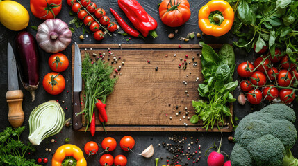 fresh vegetables around the board with knife top view, in the style of uhd image - obrazy, fototapety, plakaty