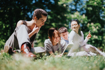 Four young friends enjoy a relaxing day in the park, reading a book and sharing laughs under the sun.