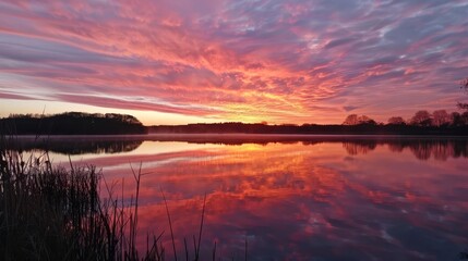tranquil sunset over calm lake vibrant orange and pink sky reflecting on still water landscape photography