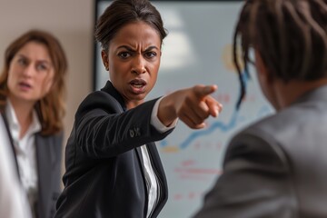 Very upset furious angry female business manager scolding to their employees blaming them for bad results