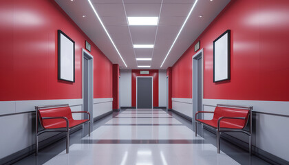 Obraz premium empty hospital corridor with red walls and bright white blank displays for your mockup