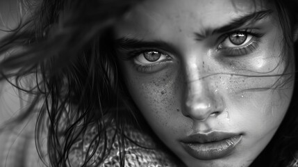 Fototapeta premium striking black and white portrait of young woman with captivating gaze ai generated panoramic photograph