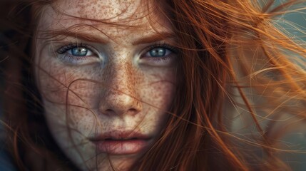 stunning portrait of freckled redhead woman intense gaze and windblown hair