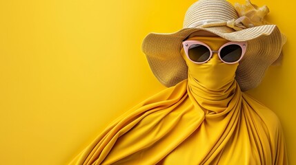 Fototapeta premium Summer beach vibes yellow towel, sunglasses, and hat on matching background with copy space
