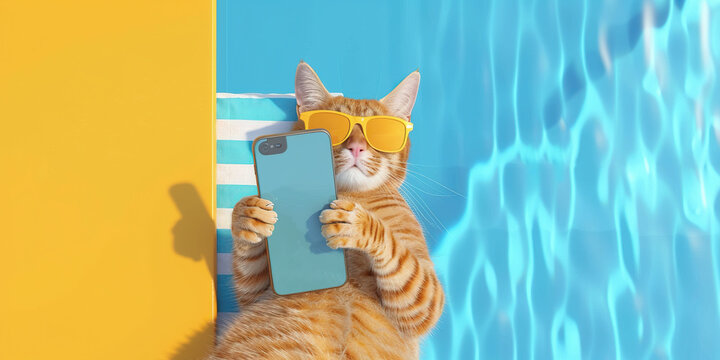 A cat wearing sunglasses holds a phone next to a pool on a sunny day