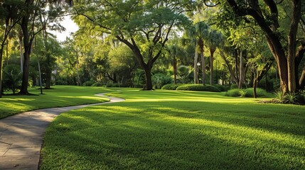Obraz premium tranquil park scene with lush grass towering trees and winding paths an inviting urban oasis for relaxation and recreation