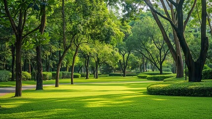 Fototapeta premium tranquil park scene with lush grass towering trees and winding paths an inviting urban oasis for relaxation and recreation