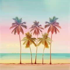 Fototapeta premium This image depicts a serene tropical beach with five palm trees against a pastel-colored sunset sky, evoking a calm and peaceful atmosphere