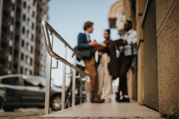 Blurred image of mixed race businesspeople engaged in a serious conversation in an outdoor urban setting, discussing important work plans or projects.