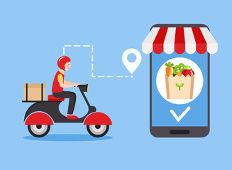 Vector flat illustration. Online shopping concept. A delivery man on a scooter carries a package of groceries.