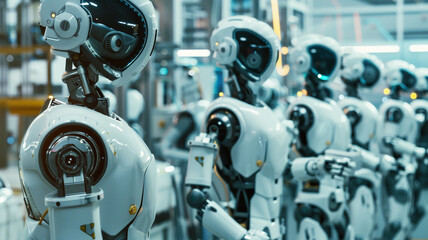 Fototapeta premium A scene advanced robotics and AI technology, with humanoid robots working alongside humans in a futuristic factory or laboratory setting, showcasing the integration of automation into daily life.