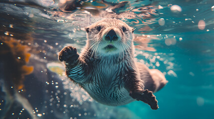 Cute Sea Otter Playing Underwater
