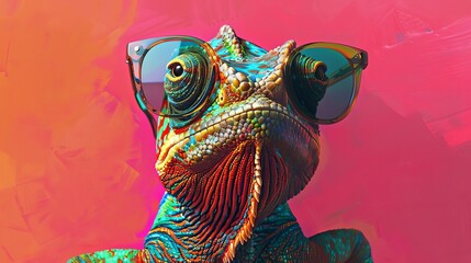 vibrant chameleon sporting trendy sunglasses on bold pink background digital painting