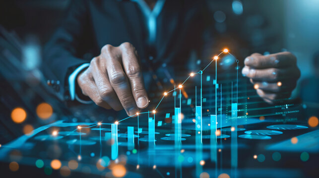 bussines man pointing market data high tech style hologram graphic graph and statistic market data analysis and reporting
