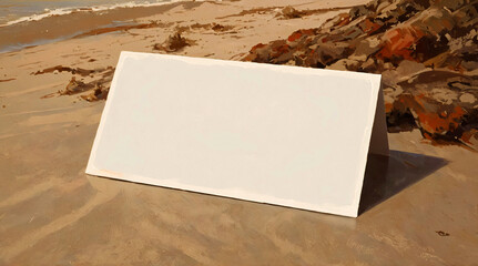 Blank white paper card on the beach. 3d render illustration